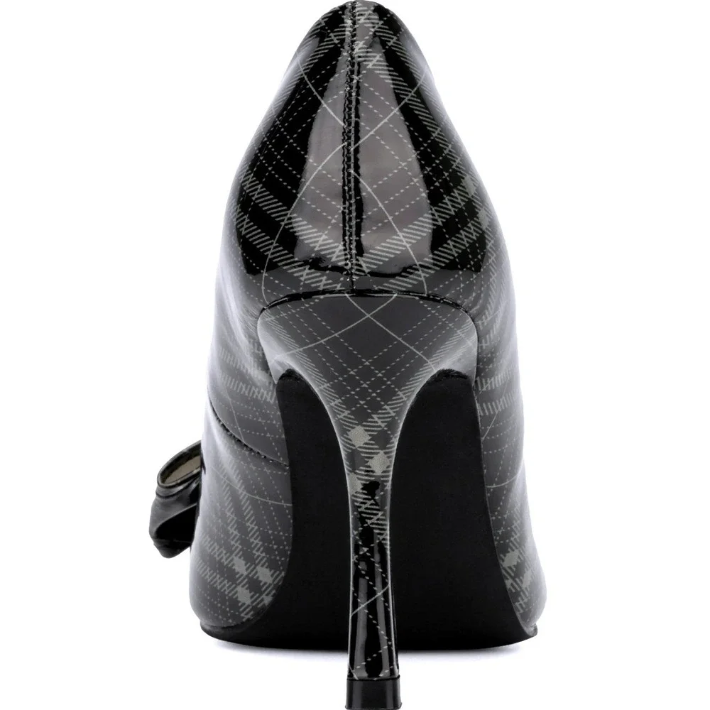 New York & Company Wendy Metal Accent Bow Pump Black Grey Plaid Stiletto Size 9‎